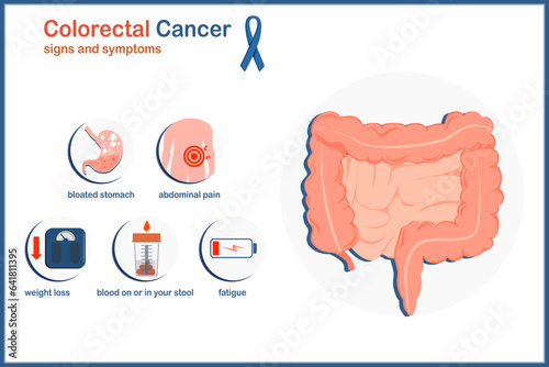 Medical vector illustration concept. Symptoms of bowel cancer,abdominal pain ,bloody stool,bloated stomach,weight loss,fatigue.flat style,isolated on white background