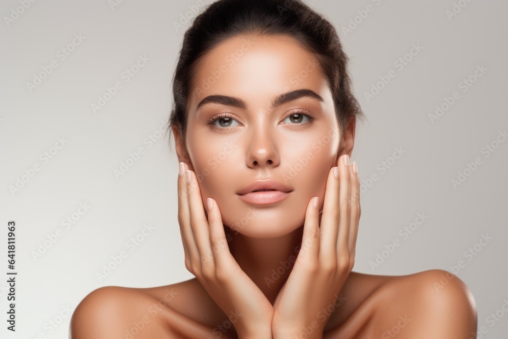beautiful woman with clear and fresh skin is touching her face against a white background, indicating facial treatment, cosmetology, beauty, and spa concepts beautiful woman with clear and fresh skin is touching her face against a white background, indicating facial treatment, cosmetology, beauty, and spa concepts
