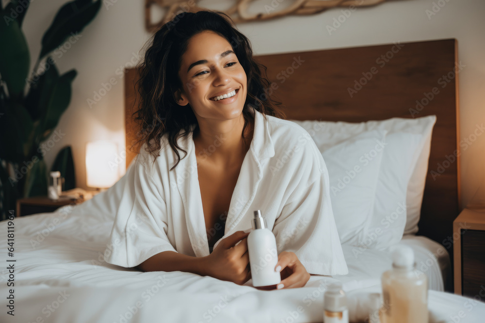 happy woman doing her routine skin care at home, using beauty products to apply face cream while sitting on her bed happy woman doing her routine skin care at home, using beauty products to apply face cream while sitting on her bed