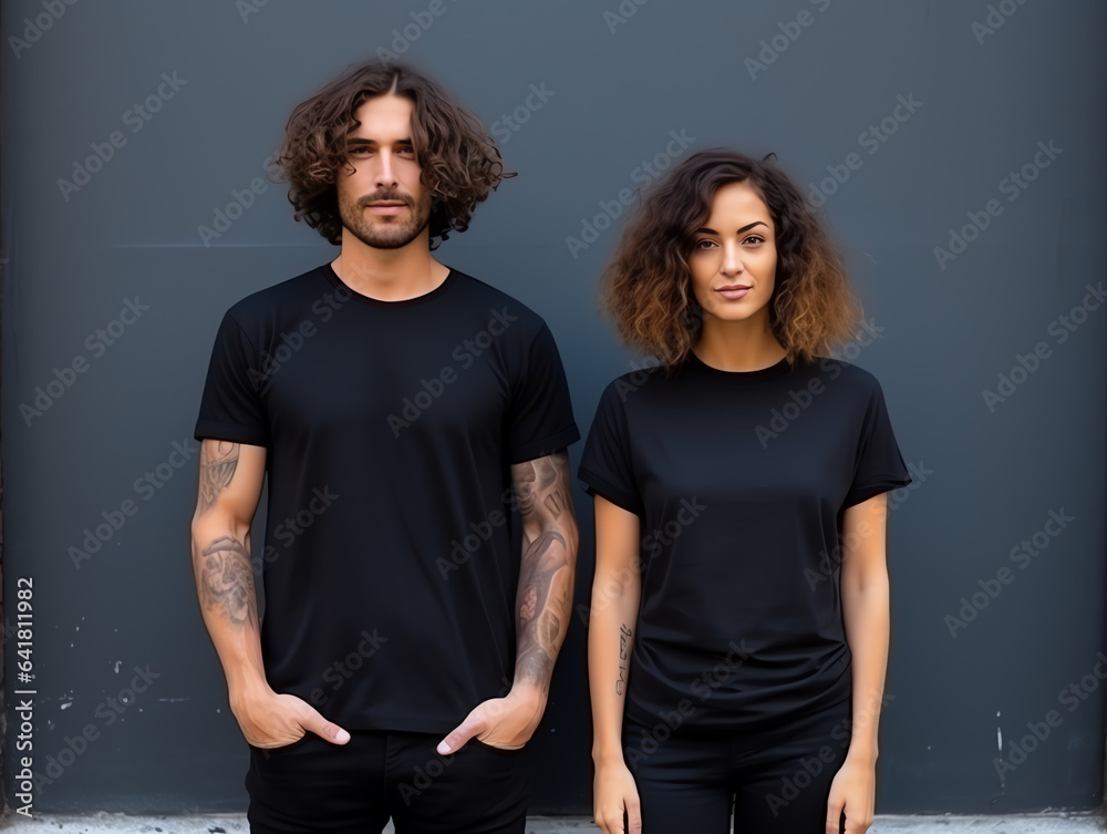 A couple boyfriend and girlfriend wearing blank black matching t-shirts mockup for design template A couple boyfriend and girlfriend wearing blank black matching t-shirts mockup for design template