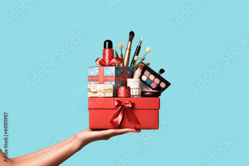 Foto light blue background with a hand holding makeup cosmetics and a gift box