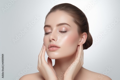 woman with a fresh and clean complexion touching her face, signifying facial treatment, cosmetology, beauty, and spa concepts.