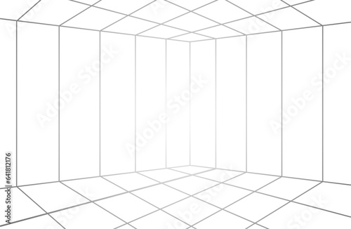 Grid perspective white room corner with gray wireframe background