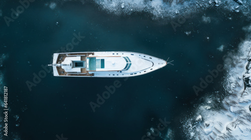 Close-up Aerial view of boat winter in the ice ocean, Norway