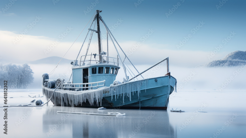 Naklejka premium Fishing boat winter in the ice ocean, Norway