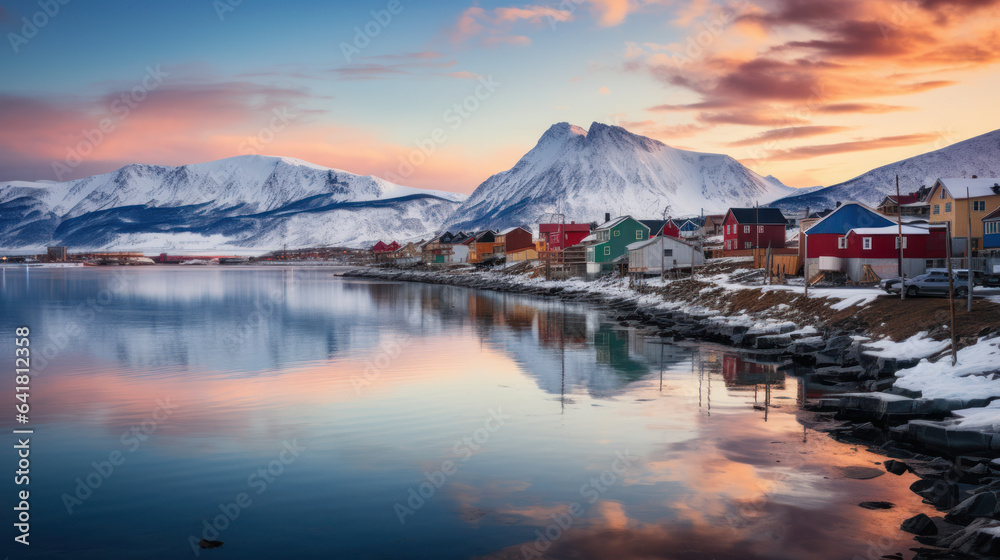 village or town and water source A calm, clear body of water in front of an iceberg covered under an orange and blue sky in the during sunrise