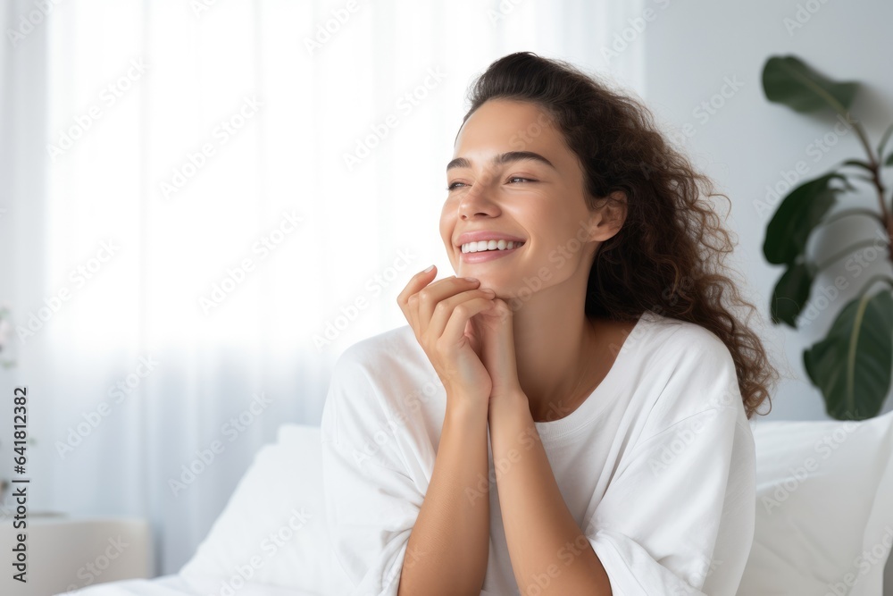 A happy woman doing her routine skin care at home, using beauty products to apply face cream while sitting on her bed A happy woman doing her routine skin care at home, using beauty products to apply face cream while sitting on her bed