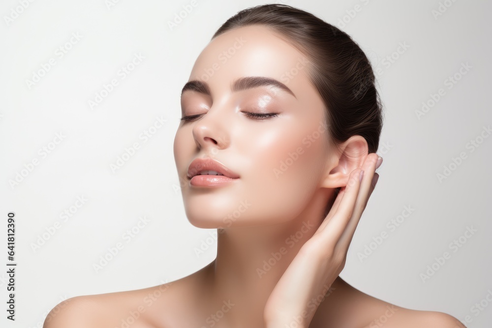 beautiful woman with clear and fresh skin is touching her face against a white background, indicating facial treatment, cosmetology, beauty, and spa concepts beautiful woman with clear and fresh skin is touching her face against a white background, indicating facial treatment, cosmetology, beauty, and spa concepts