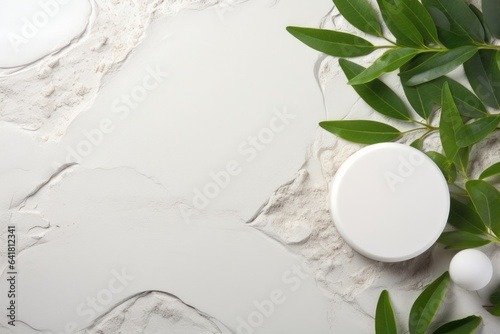 White stone background with green leaves and natural cosmetics in the foreground  presented in a banner format. the concept of natural organic skin care  biological research and healthy lifestyle.
