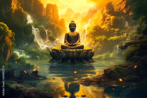 Buddha statue on a lakeside, natural spa background with Asian spirit, tranquility in green nature.  web banner concept with copy space.