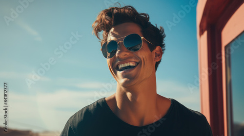 young handsome man wearing sunglasses smile photo