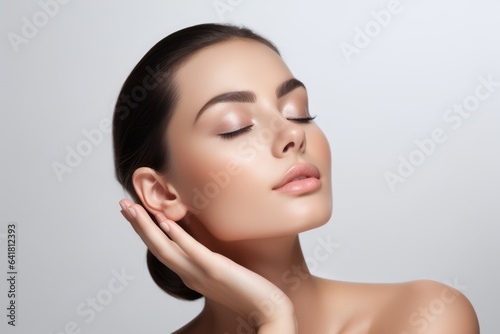  beautiful woman with clear and fresh skin is touching her face against a white background, indicating facial treatment, cosmetology, beauty, and spa concepts