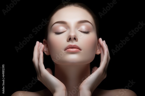  beautiful woman with clear and fresh skin is touching her face against a black background, indicating facial treatment, cosmetology, beauty, and spa concepts