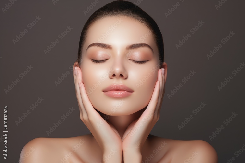 woman with a fresh and clean complexion touching her face, signifying facial treatment, cosmetology, beauty, and spa concepts woman with a fresh and clean complexion touching her face, signifying facial treatment, cosmetology, beauty, and spa concepts