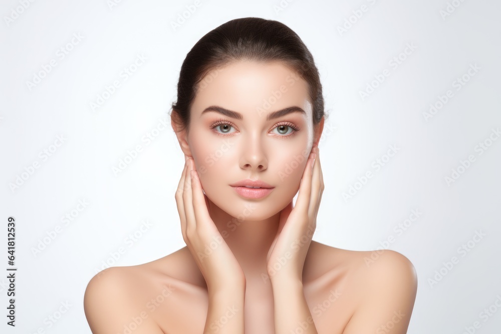 beautiful woman with clear and fresh skin is touching her face against a white background, indicating facial treatment, cosmetology, beauty, and spa concepts