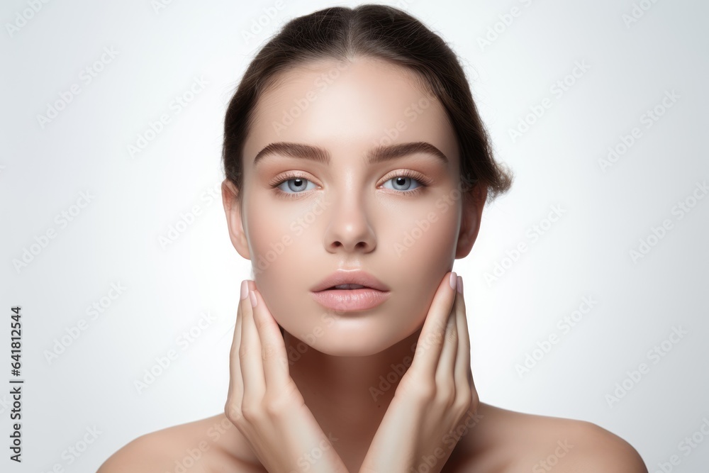 beautiful woman with clear and fresh skin is touching her face against a white background, indicating facial treatment, cosmetology, beauty, and spa concepts beautiful woman with clear and fresh skin is touching her face against a white background, indicating facial treatment, cosmetology, beauty, and spa concepts