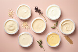 natural cosmetic products, including creams, masks, and lotions for face and body care, on a colored background