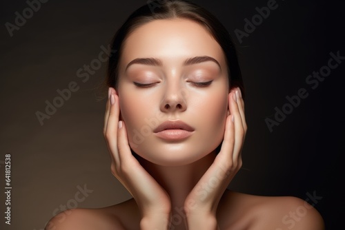 beautiful woman with clear and fresh skin is touching her face against a color background, indicating facial treatment, cosmetology, beauty, and spa concepts