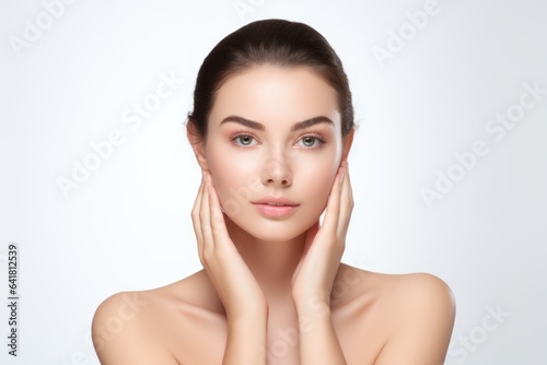 beautiful woman with clear and fresh skin is touching her face against a white background, indicating facial treatment, cosmetology, beauty, and spa concepts