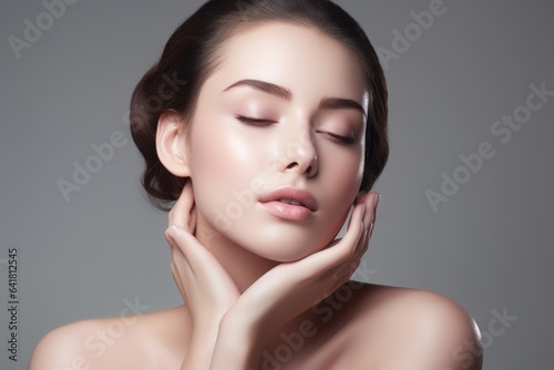 woman with a fresh and clean complexion touching her face, signifying facial treatment, cosmetology, beauty, and spa concepts