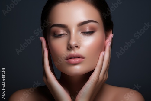  beautiful woman with clear and fresh skin is touching her face against a color background  indicating facial treatment  cosmetology  beauty  and spa concepts