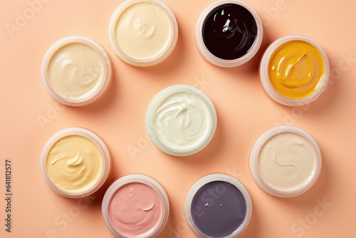 natural cosmetic products, including creams, masks, and lotions for face and body care, on a colored background