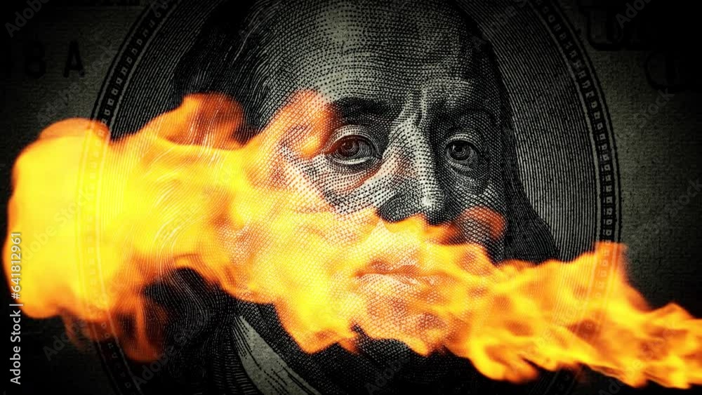 Smoothly darkening portrait of Benjamin Franklin with luminous eyes on a bill of 100 American dollars close-up with a jet of fire. The idea of a conspiracy theory. 4k conceptual slow motion loop video
