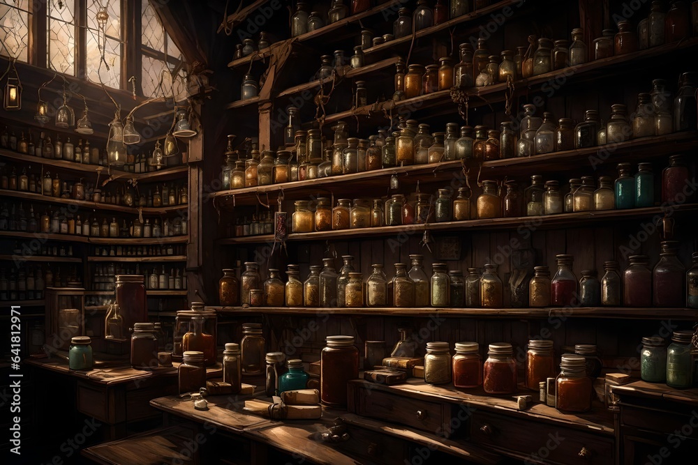 A vintage, dimly lit apothecary shop, its shelves lined with jars of mysterious potions and spell books.

