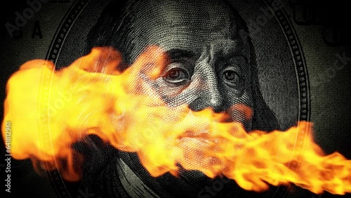Smoothly darkening portrait of Benjamin Franklin with luminous eyes on a bill of 100 American dollars close-up with a jet of fire. The idea of a conspiracy theory. 4k conceptual slow motion loop video