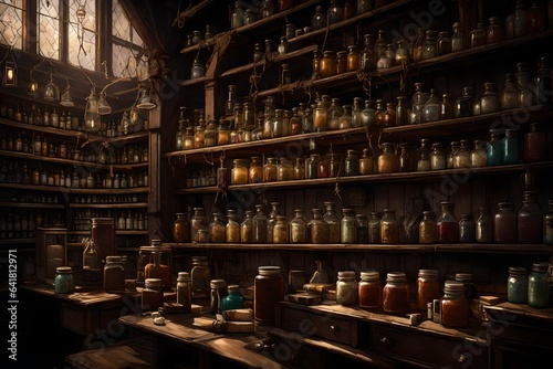 A vintage, dimly lit apothecary shop, its shelves lined with jars of mysterious potions and spell books.