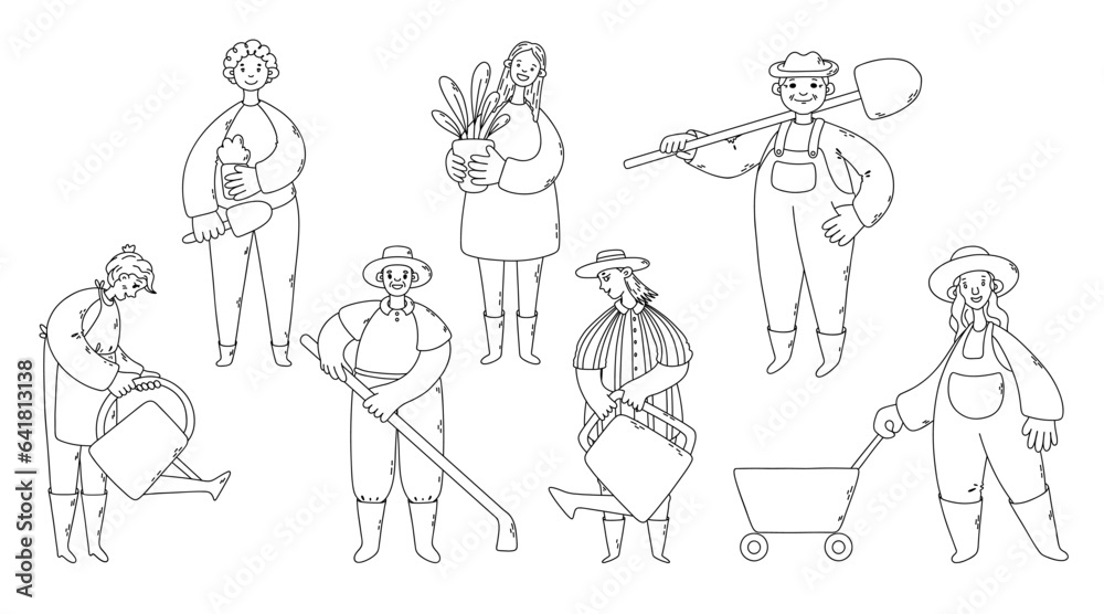 Gardeners. Different people who love gardening. Garden hobby. Vector outline illustration