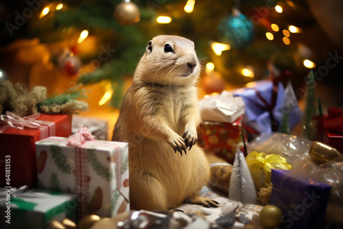Little cute prairie dog in Christmas decoration. illustration of Christmas celebrating with prairie dog.