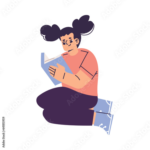 Little Girl with Open Book Sitting and Reading Interested with Story Vector Illustration