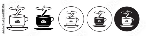 Tea stirring with spoon icon. coffee cup fill of hot liquid symbol. Flat vector logo of mix the tea by hand. Outline set of serving instruction. First stir then mixing the drink sign