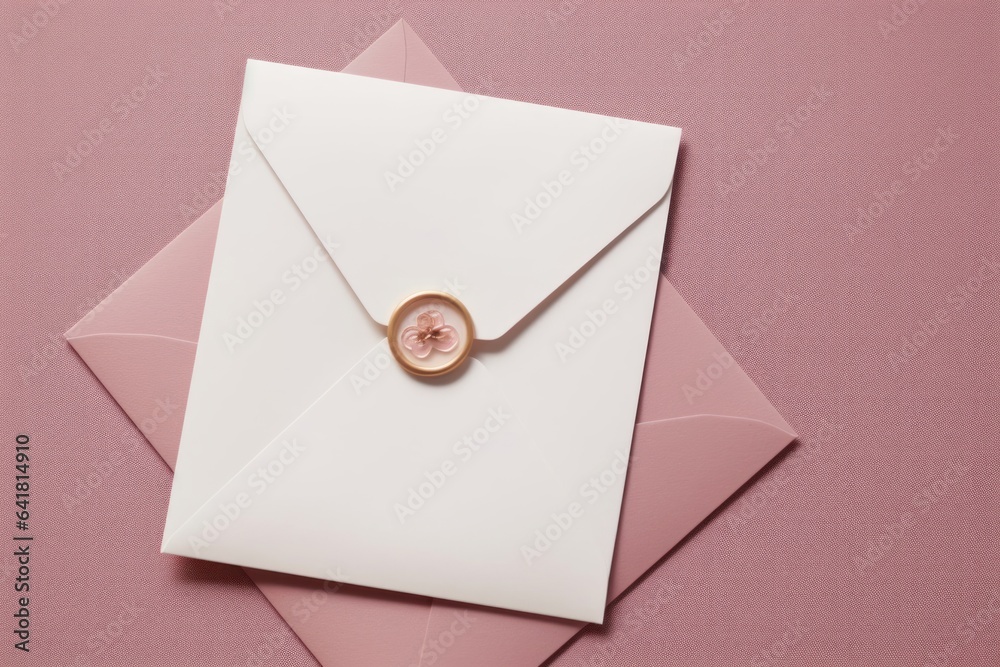 Blank wedding greeting card, invitation mockup scene in sunlight. Closeup of pink envelope with decorative wax seal on table. Birthday stationery template. Flat lay, top view. Feminine, Generative AI Blank wedding greeting card, invitation mockup scene in sunlight. Closeup of pink envelope with decorative wax seal on table. Birthday stationery template. Flat lay, top view. Feminine, Generative AI