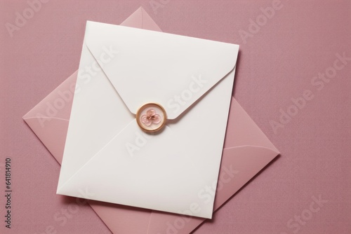 Blank wedding greeting card, invitation mockup scene in sunlight. Closeup of pink envelope with decorative wax seal on table. Birthday stationery template. Flat lay, top view. Feminine, Generative AI
