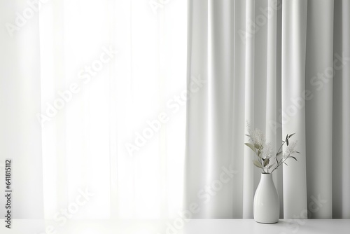 Minimalistic abstract gentle white background for product presentation with light and shadow of window curtains on wall. generative AI