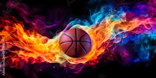 basketball in explosion of colored neon powder isolated on black background   Generative AI © Kay