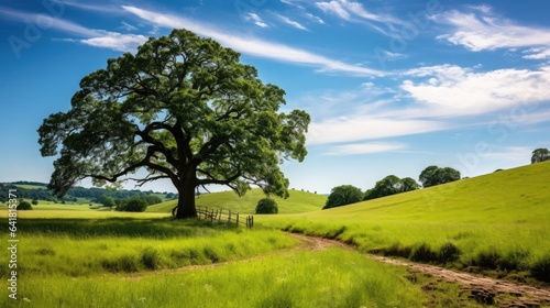 Meadow at summertime and an old  big oak standing in the middle