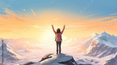 Female hiker, full body, view from behind, standing in a snow desert with raised arms, hands clenched into fist