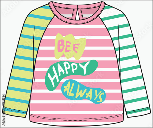 CONTRAST STRIPER RAGLAN SLEEVES KNIT TOP WITH KEY HOLE OPENING DETAIL AND BE HAPPY ALWAYS TYPO GRAPHIC DESIGNED FOR INFANT GIRL, TODDLER GIRL AND BABY GIRL IN VECTOR ILLUSTRATION