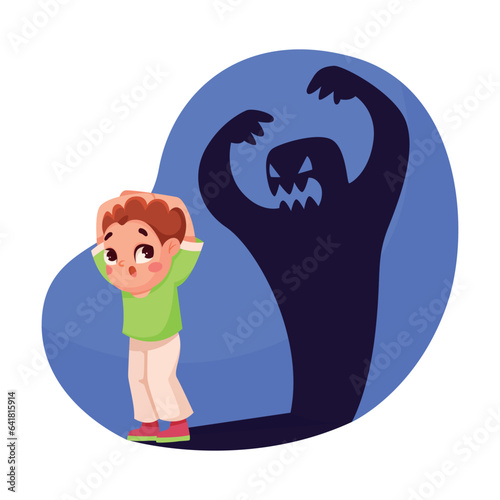 Childhood Fear with Little Boy Character Afraid of Monster Shadow Vector Illustration