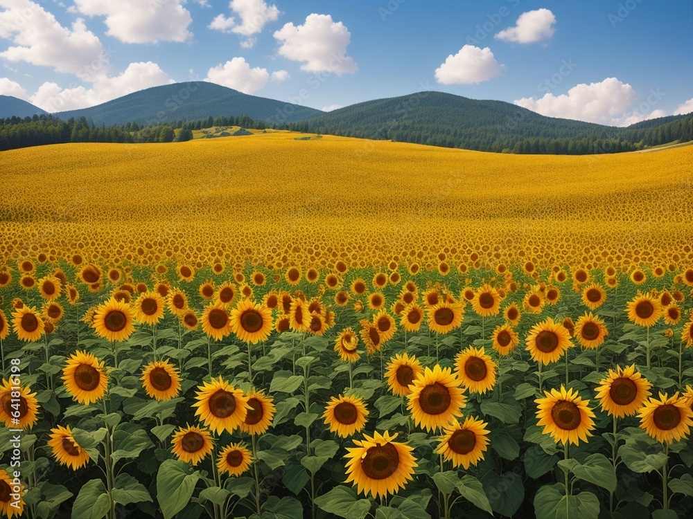 Obraz premium Beautiful sunflowers field on a background. Sunset and blue sky, landscape scenery. Generative AI