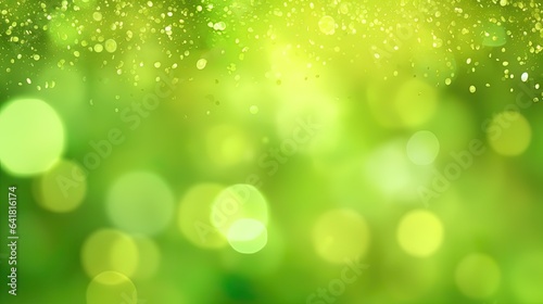 Lime green, chartreuse green blurred bokeh abstract background. Glitter lights and sparkle. Blurred soft vintage seamless card, banner.