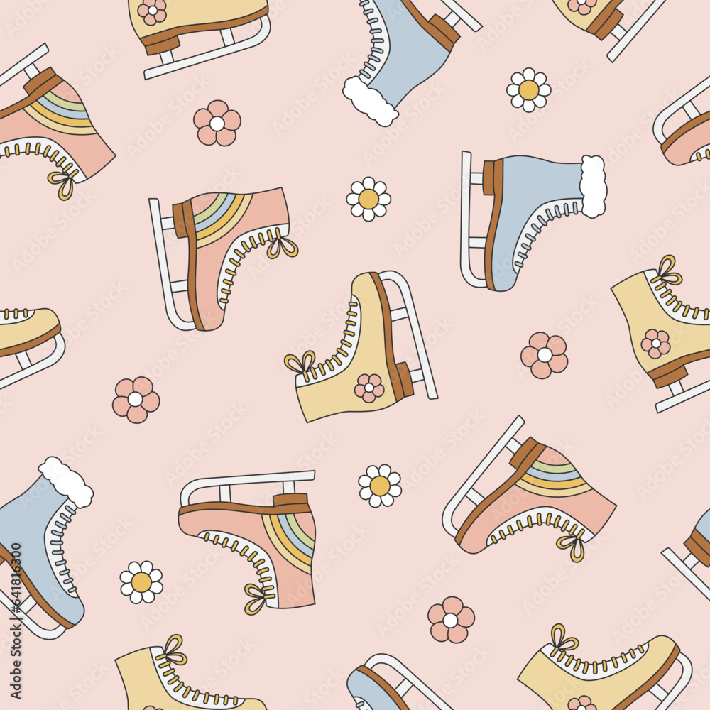 Groovy Christmas seamless pattern with ice skates. Figure skates and flowers on pink background.
