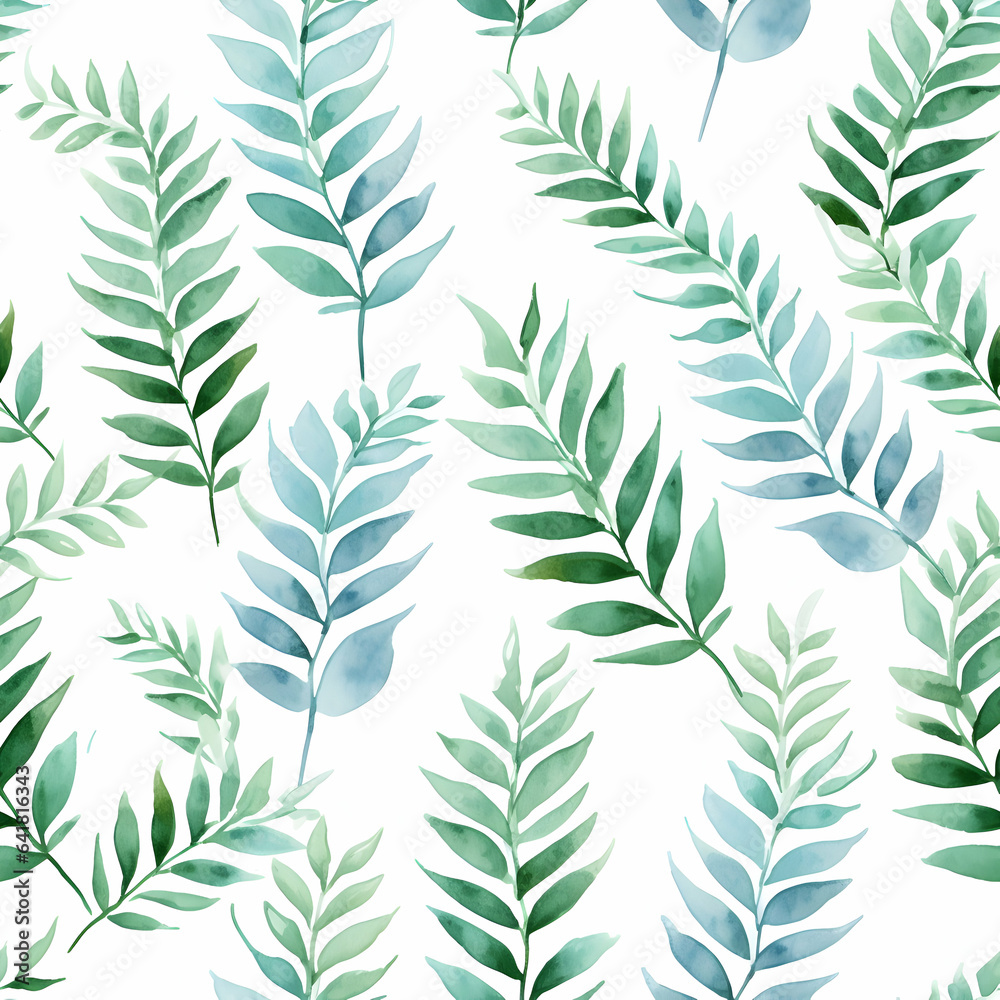 Naklejka premium Seamless watercolor pattern of green fern leaves