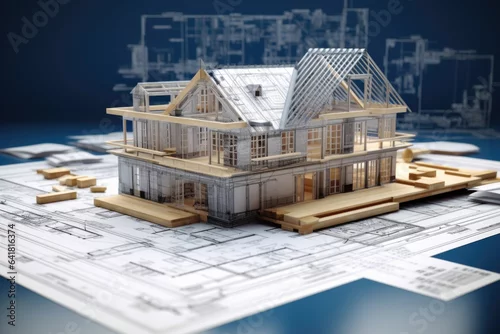 Fototapeta An architectural design of a house in a 3D model stands on the office desk , with paper plan of an architect and engineer who created a unique concept for a new building