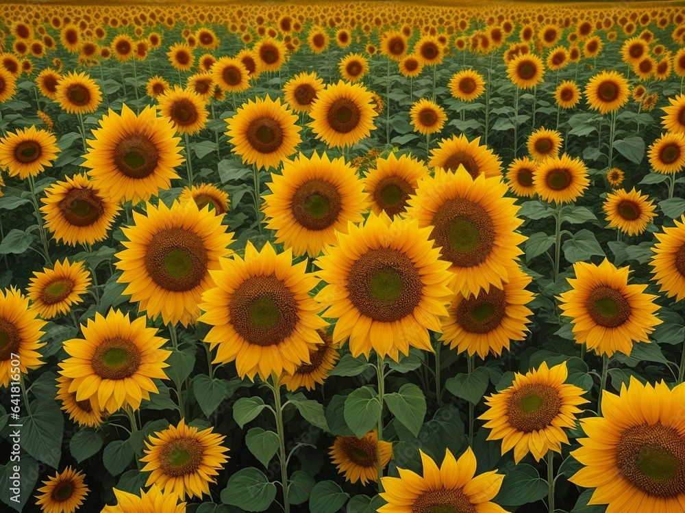 Beautiful sunflowers field on a background. Sunset and blue sky, landscape scenery. Generative AI Beautiful sunflowers field on a background. Sunset and blue sky, landscape scenery. Generative AI