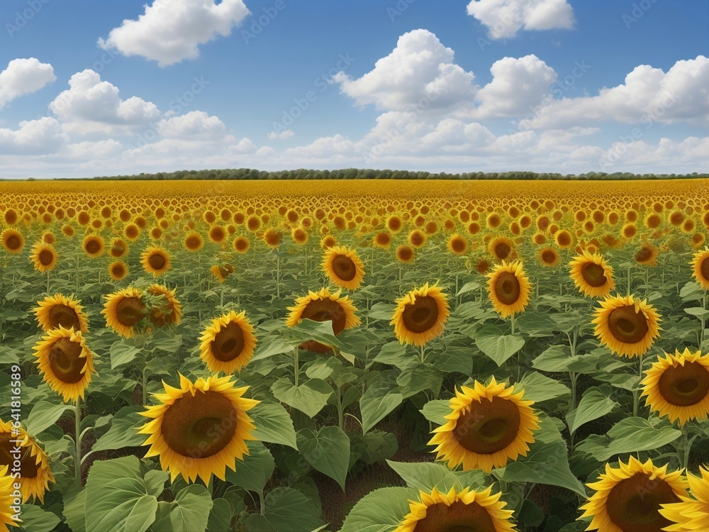 Obraz premium Beautiful sunflowers field on a background. Sunset and blue sky, landscape scenery. Generative AI