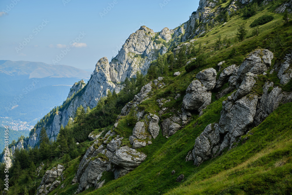 Fototapeta premium Beautiful mountain terrain in Bucegi National Park Mountain landscape with green meadow and sharp rocks.